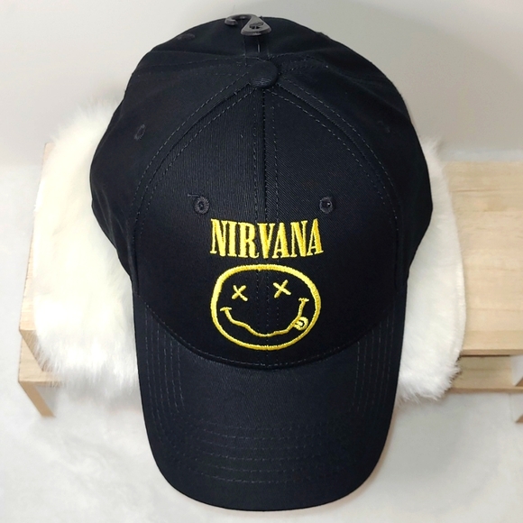 Nirvana Embroidered Smiley Black Cotton Adjustable Baseball Cap Unisex NWOT - Picture 12 of 13